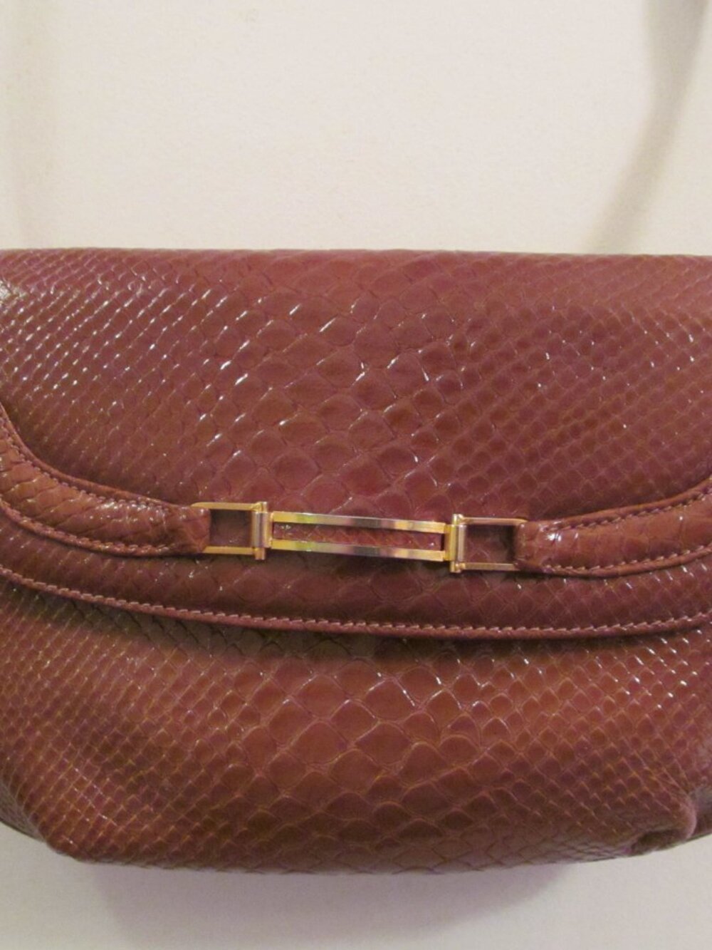Vintage Block Handbag Made in Italy Faux Snakeskin Patent Leather Like Brown